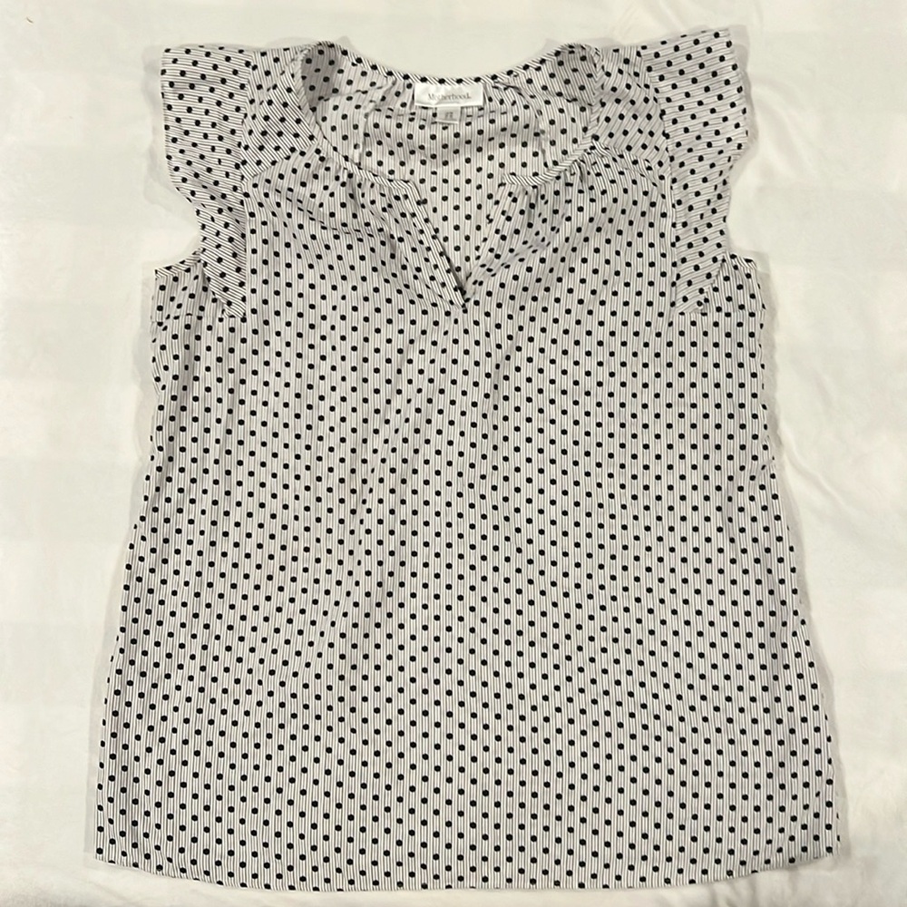 Motherhood maternity shirt, white with grey stripe and black dot pattern. Size M